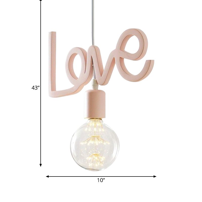 Macaroon Bare Bulb Drop Lamp Resin 1 Bulb Living Room Pendant in Pink with Letter Design