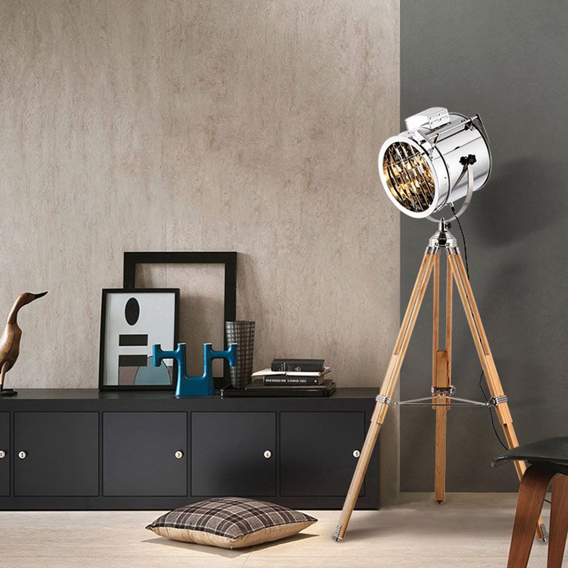 Metallic Cylinder Spotlight Industrial Style 1 Head Living Room Floor Lamp in Black/Wood with Tripod