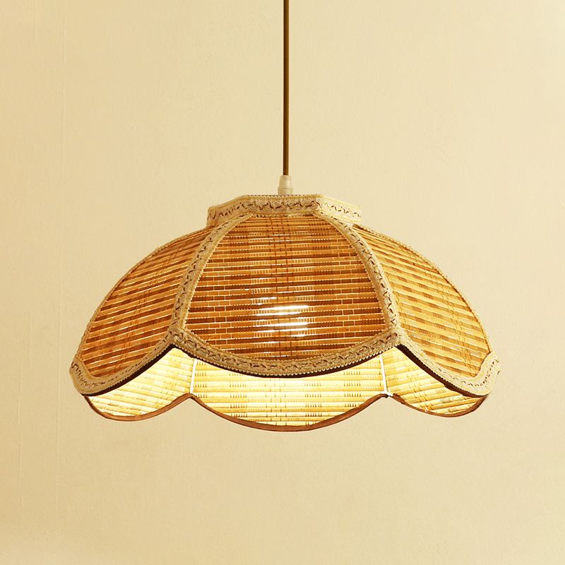 Hand Woven Scalloped Hanging Lamp Asian Bamboo 1 Bulb Restaurant Ceiling Pendant with Braided Trim