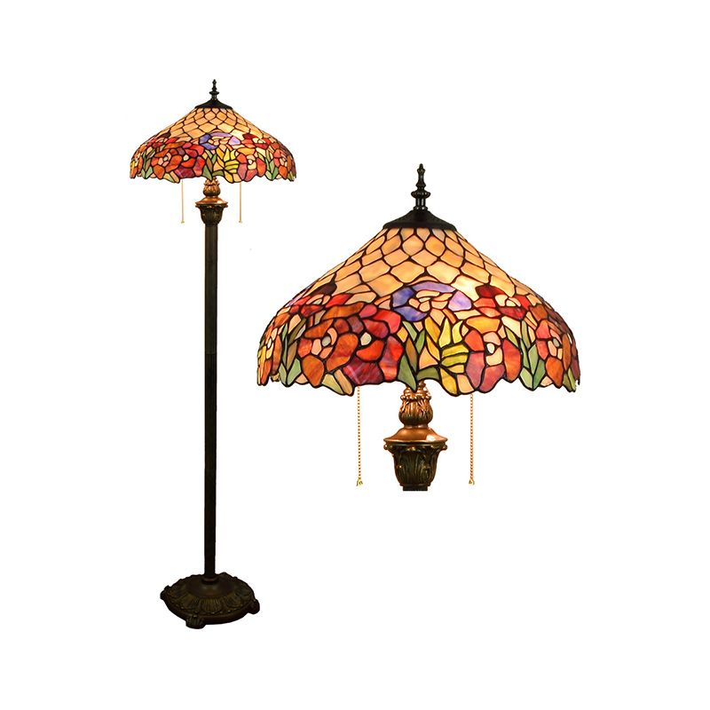 Tiffany Dome Shade Standing Light 2 Bulbs Handcrafted Glass Floor Lamp with Pull Chain