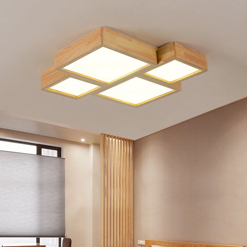 Modern Style Square Shape Flush Mount 4-Lights Wood Ceiling Light for Bedroom