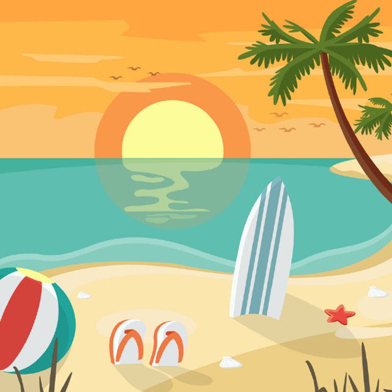 Cartoon Beach at Sunset Mural Wallpaper Non-Woven Decorative Colorful Wall Covering for Kids Room