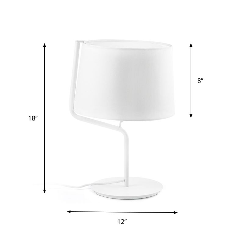 Drum Fabric Table Lighting Minimalist 1-Light White Night Stand Lamp with Bended Arm