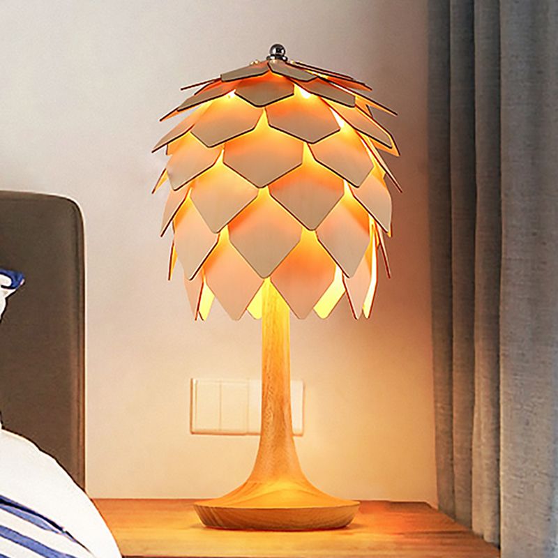 Wooden Pine Cone Table Lamp Contemporary Style 1-Light Beige Table Lighting for Bedroom