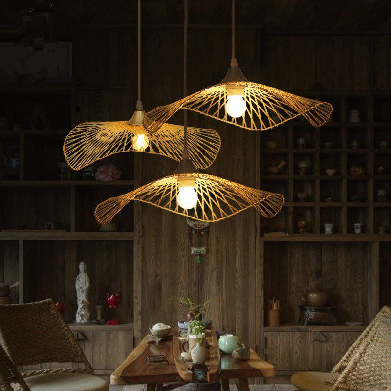 Lotus Leaf Bamboo Pendant Light Contemporain Single Suspension Suspension Suspension