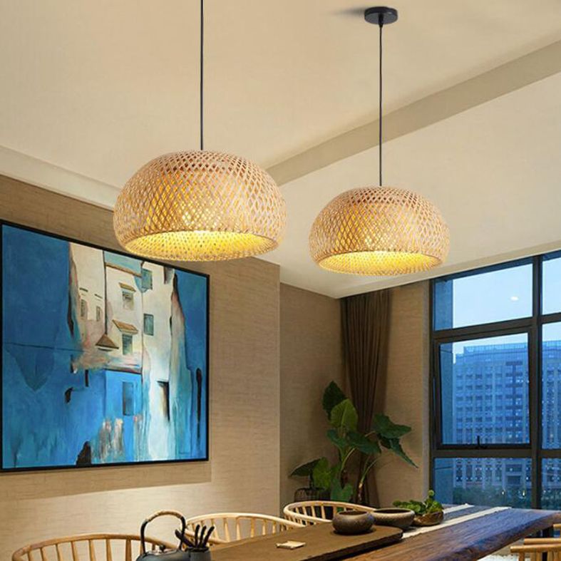 Shaded Restaurant Hanging Ceiling Light Bamboo Asia Style Pendant Ceiling Light in Beige