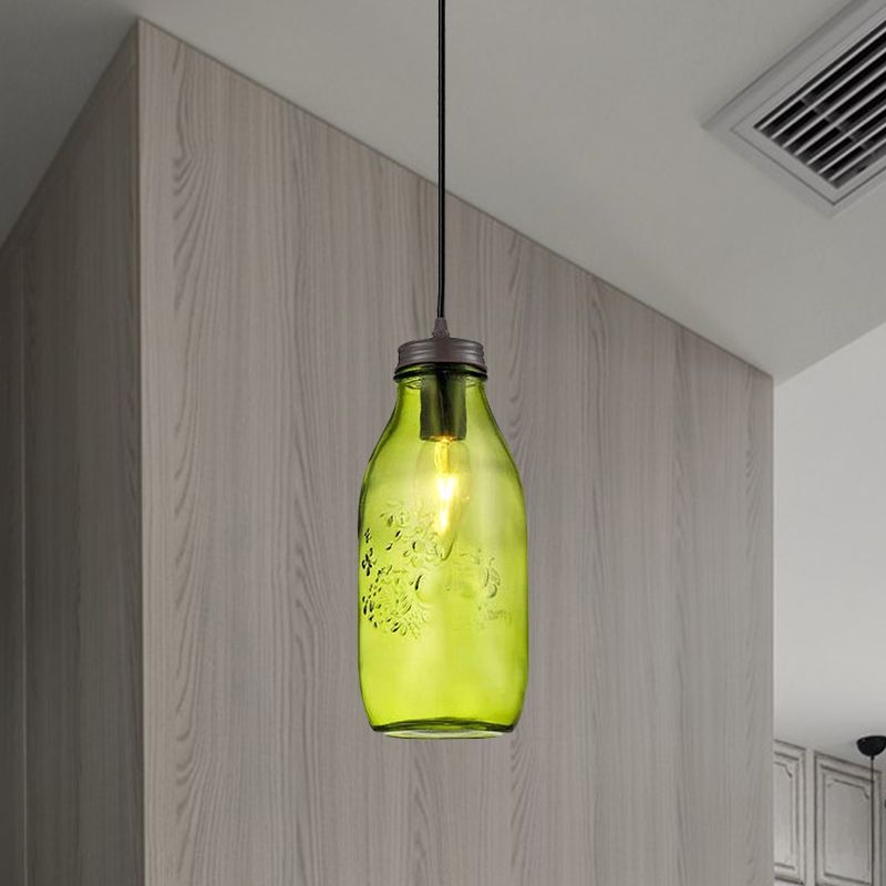 1-Light Pendant Lighting Modern Caged Mason Jar Blown Glass Hanging Ceiling Light in Red/Green/Amber