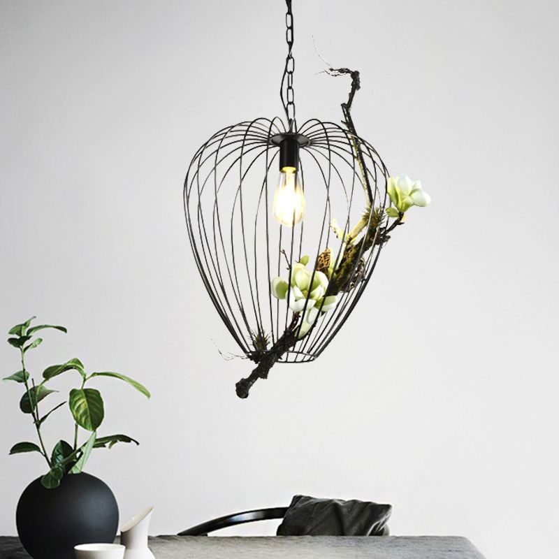 Pear Cage Iron Suspension Lamp Vintage 1 Bulb Study Room Flower Down Lighting Pendant in Black, 15"/18" W