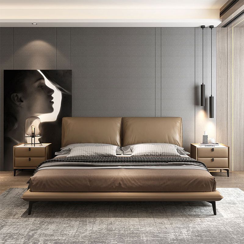 Genuine Leather Espresso Slat Bed Modern Standard Bed with Upholstered Headboard