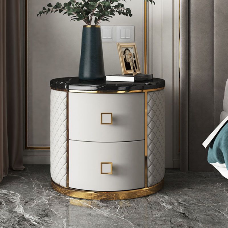 Drawer Storage Nightstand 2 Drawer Faux Leather and Genuine Marble Night Table Glam