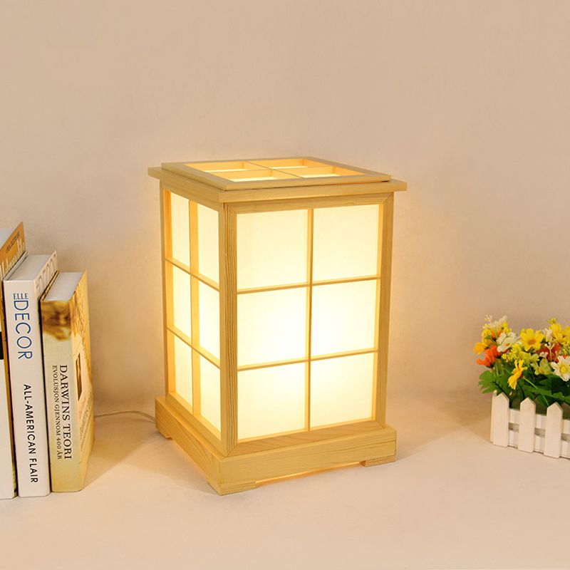 1 Head Bedroom Table Lamp Chinese Beige Reading Book Light with House Wood Shade