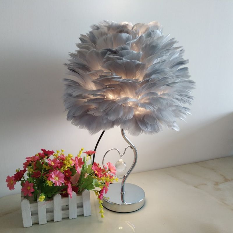 1-Light Bedroom Night Lamp Nordic Grey/Orange/Pink Table Light with Dome Feather Shade and Crystal Accent