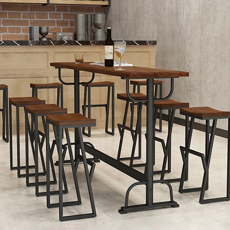 Pine Wood Bar Table Rectangle Industrial Bar Dining Table with Trestle Base in Black