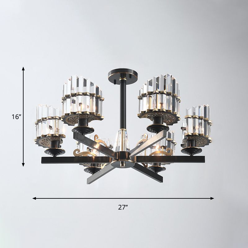 Minimalism Starburst Ceiling Flush 6 Heads K9 Crystal Semi Flush Mount Light Fixture in Black