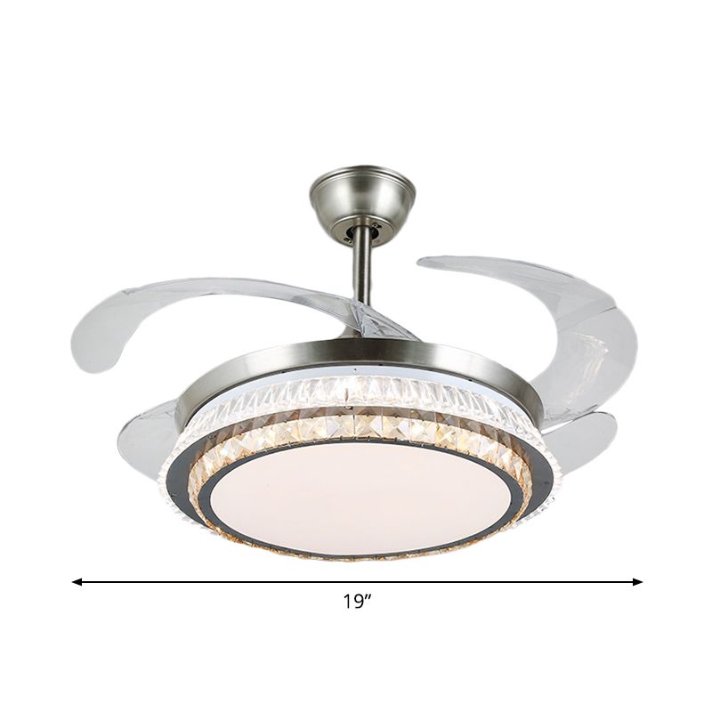 Silver Layered 4 Blades Semi-Flush Mount Modernism LED Crystal Pendant Fan Light Fixture, 19" Wide