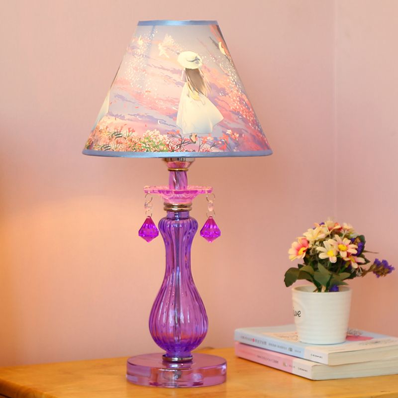 Romantic Pastoral 1 Light Night Lamp Purple Cone/Scalloped Nightstand Light with Fabric Shade and Crystal Accent