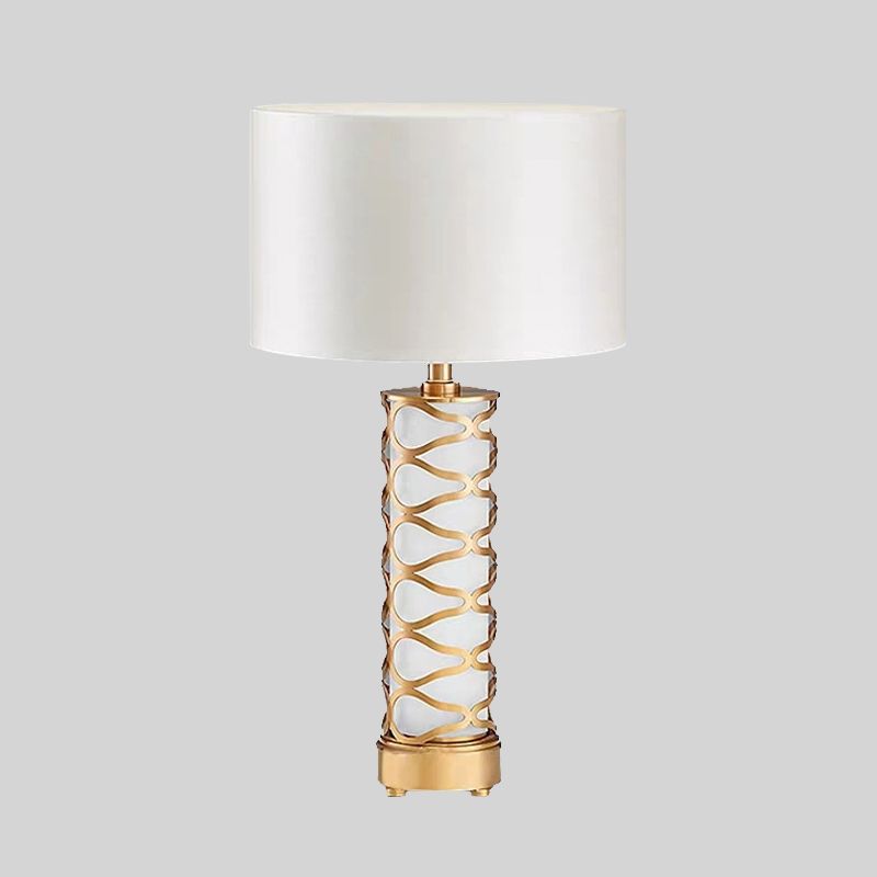 Drum Bedroom Night Table Lamp Classic Fabric 1-Head White Desk Light with Cylinder Base