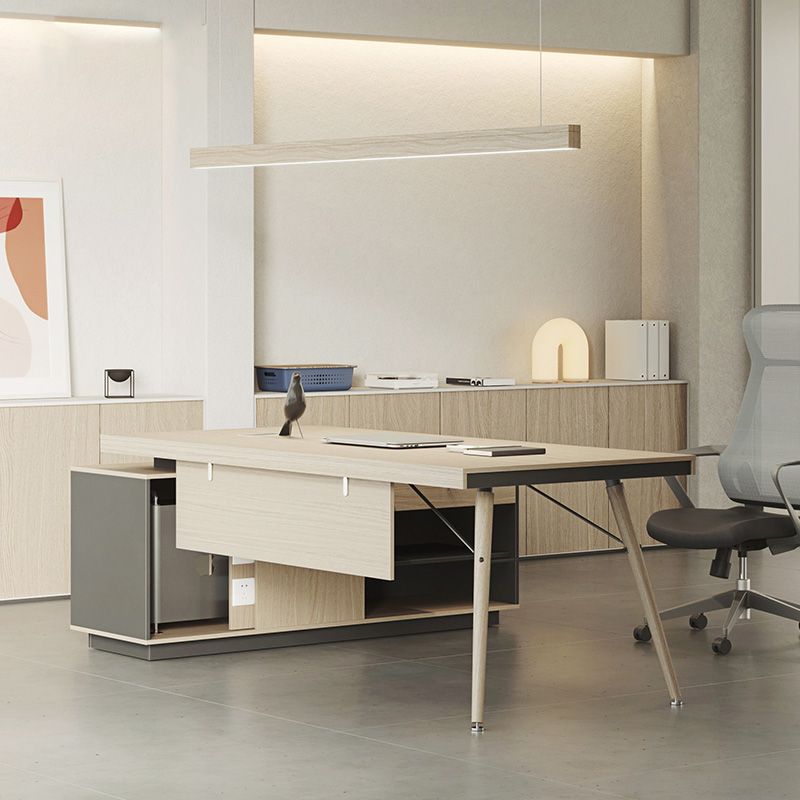 Contemporary Natural Executive Desk Oak L-Shape Wooden Office Desk