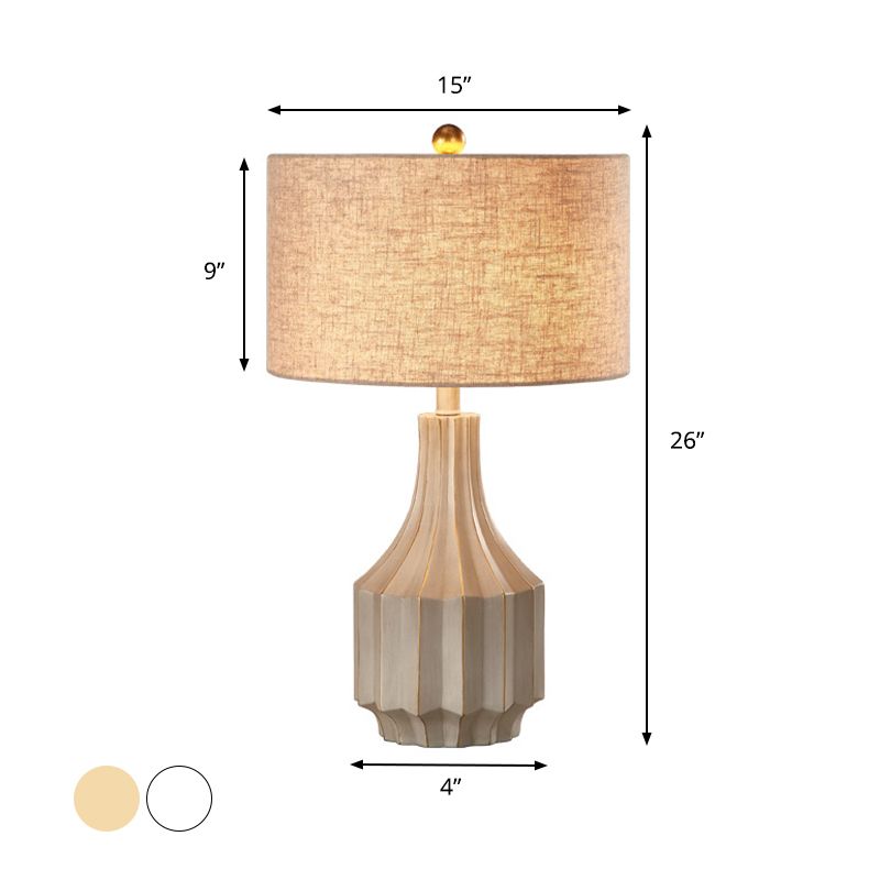 1-Light Fabric Table Lamp Lodge Beige/White Round Bedroom Nightstand Light with Pot Base