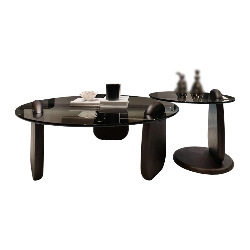 2-Piece Round Coffee Table Modern Glass Espresso Wood Nesting Coffee Table Set