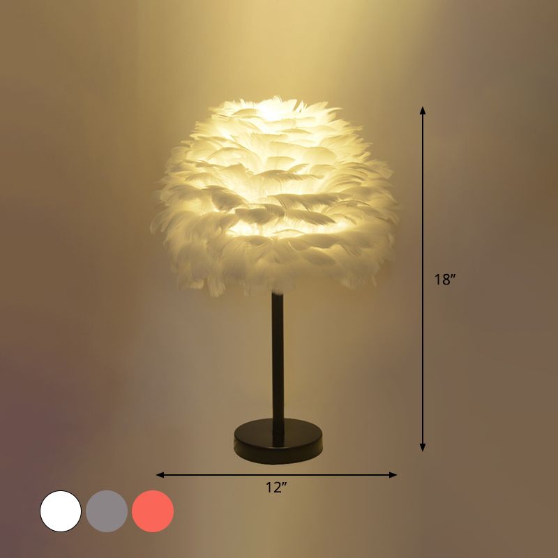 Goose Feather Dome Night Light Nordic 1 Bulb Grey/White/Pink Table Lamp with Tripod/Straight Stand in Black/White/Wood