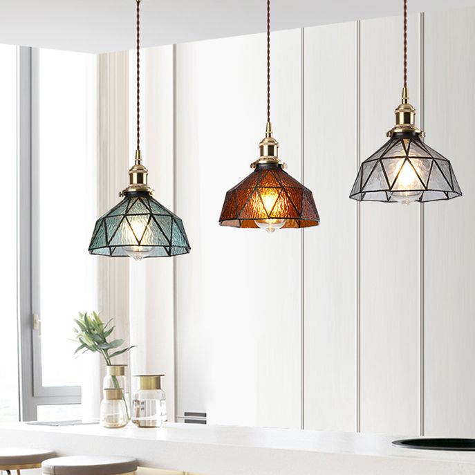 Icy Clear Glass Hanging Lamp Geometric Pattern 1 Light  Bowl Tiffany-Style Pendant Light Fixture