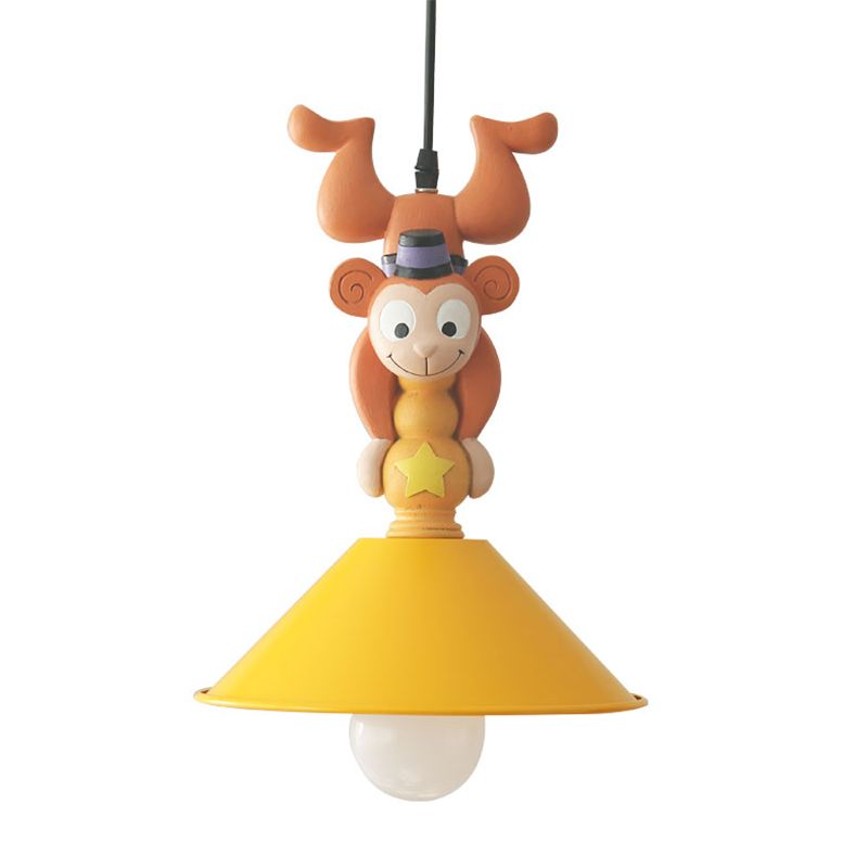 Kids Cartoon Monkey Ceiling Light Resin 1/3 Lamps Bedroom Hanging Pendant in Yellow with Cone Shade