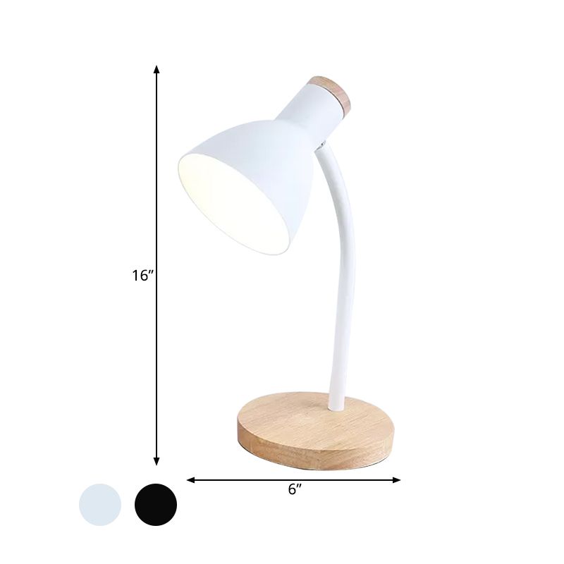 Flexible Gooseneck Night Light Modern Metallic 1 Head Black/White Table Lighting with Bowl Shade and Wood Round Base