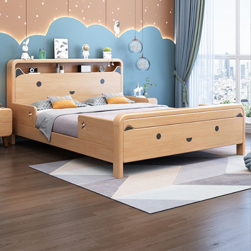 Solid Wood Platform Bed Natural Rubberwood Kids Bed with Headboard and Guardrail