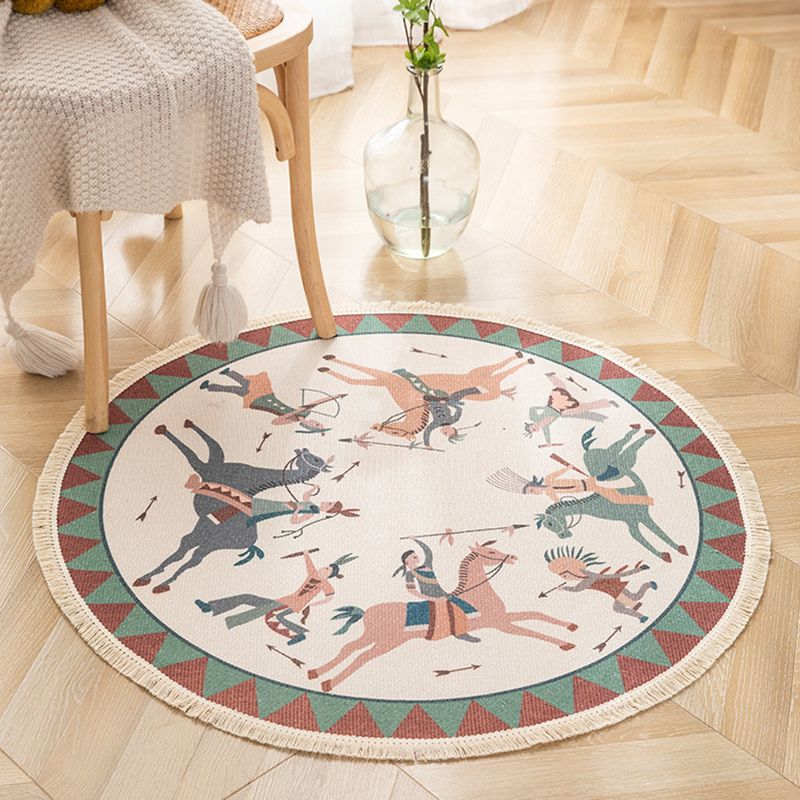 Round Funky Carpet Americana Pattern Area Rug Cotton Blend Fringe Indoor Rug for Living Room