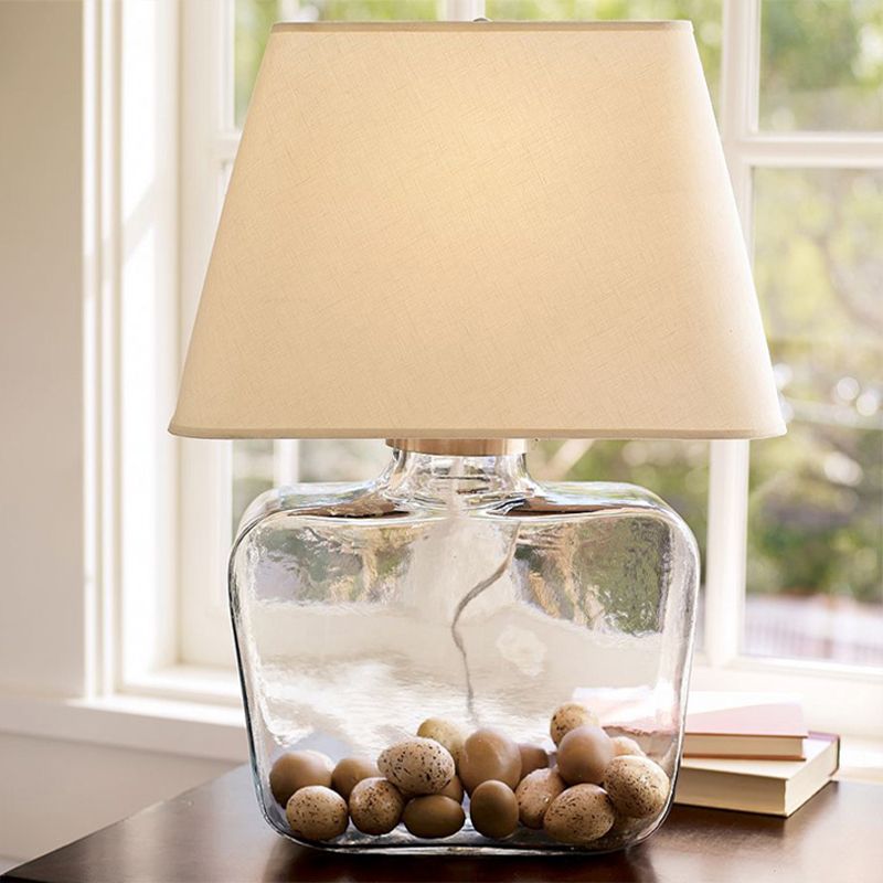 Country-Style Jar Shape Table Lamp 1-Head Clear Glass Night Light with Trapezoid White Fabric Shade