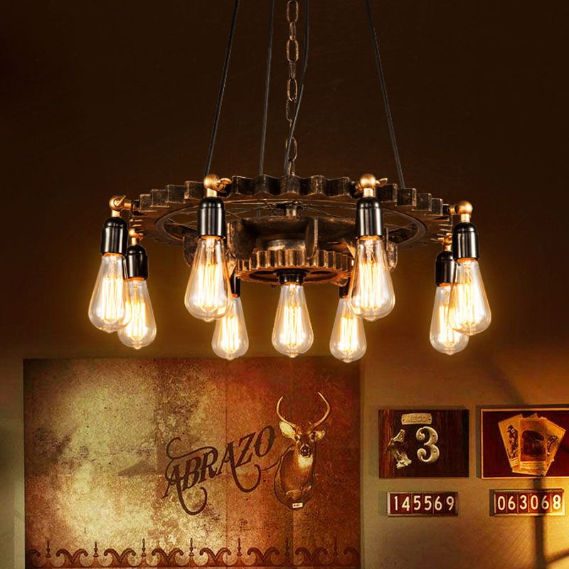 Iron Brass Chandelier Lighting Gear 9 Heads Industrial Suspension Light with Bare Bulb Design