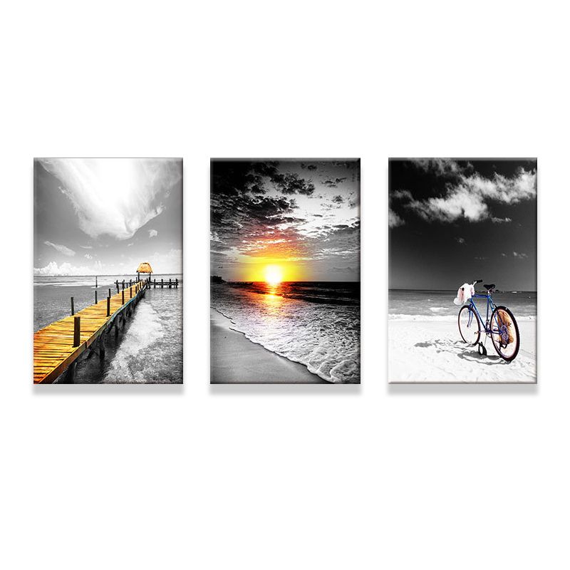 Tropix Beach Seascape Wall Art Set Grey and Yellow Textured Canvas for House Interior