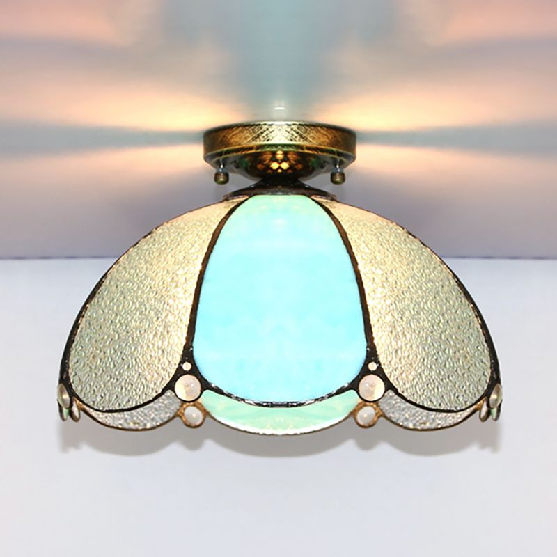 Vintage Scalloped Flush Light Stained Glass 1 Light Flush Mount Light in White/Beige/Blue/Clear/Blue and Clear for Living Room