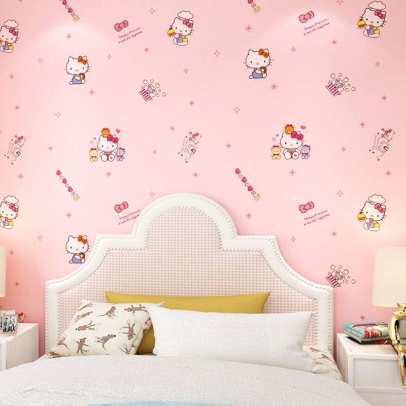 Girl's Wall Covering Romantic Pink Cute Cat Wallpaper Roll, Non-Pasted