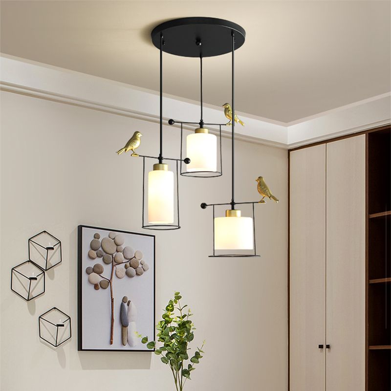 Cilinder eetkamer cluster hanger crème/rookgrijs glas 3 bollen modernisme suspensielamp met goudvogel deco