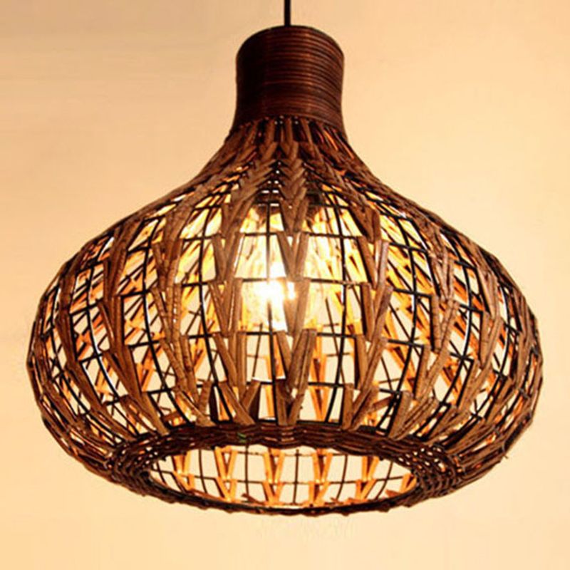 1 Light Teardrop Pendant Lamp Rustic Ribbed  Rattan Hanging Lamp for Dining Room Table