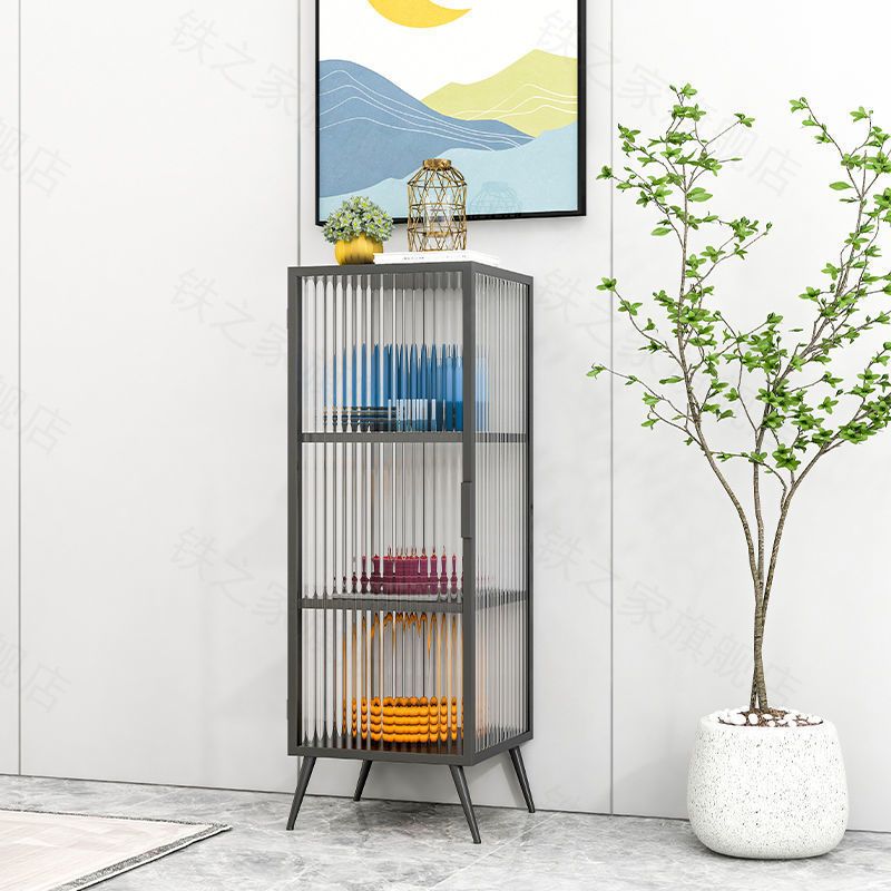 Industrial Metal Curio Cabinet Glass Doors Display Cabinet with 3 Shelves for Living Room