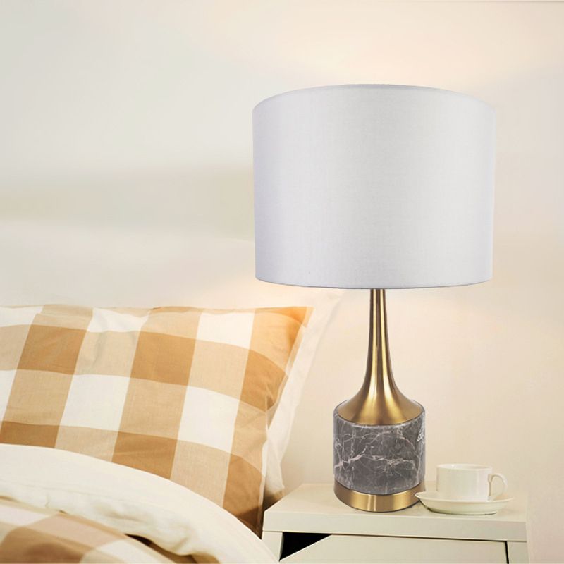 Antiqued Gold Flared Night Lamp Modern 1-Light Marble Table Light with Cylindrical Fabric Shade