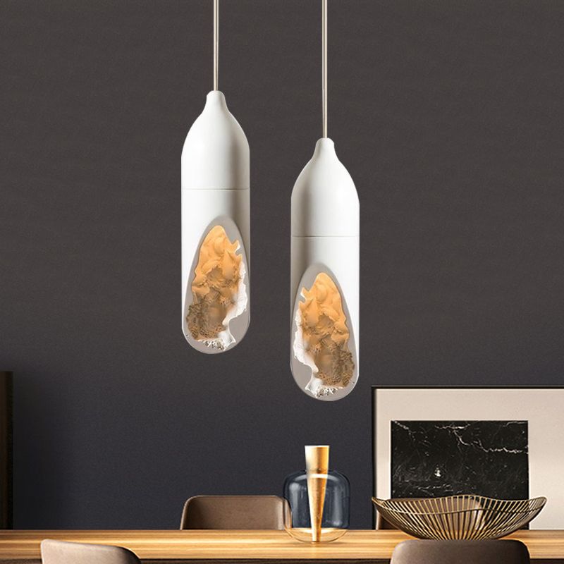 Pill-Shaped Resin Hanging Ceiling Light Farmhouse 1 Light Dining Room Pendant Lamp in White with Hollow-out Design