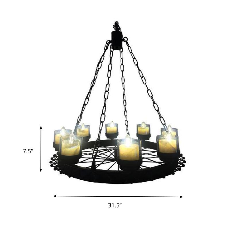 Luz de techo de vela vintage con sombra de cilindro y rueda de lámpara de lámpara de hierro de 8 luces en negro para restaurante