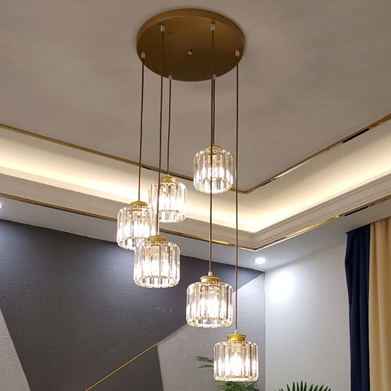 Prismatic Crystal Cylindrical Hanging Light Contemporary Cluster Pendant Light for Stairs