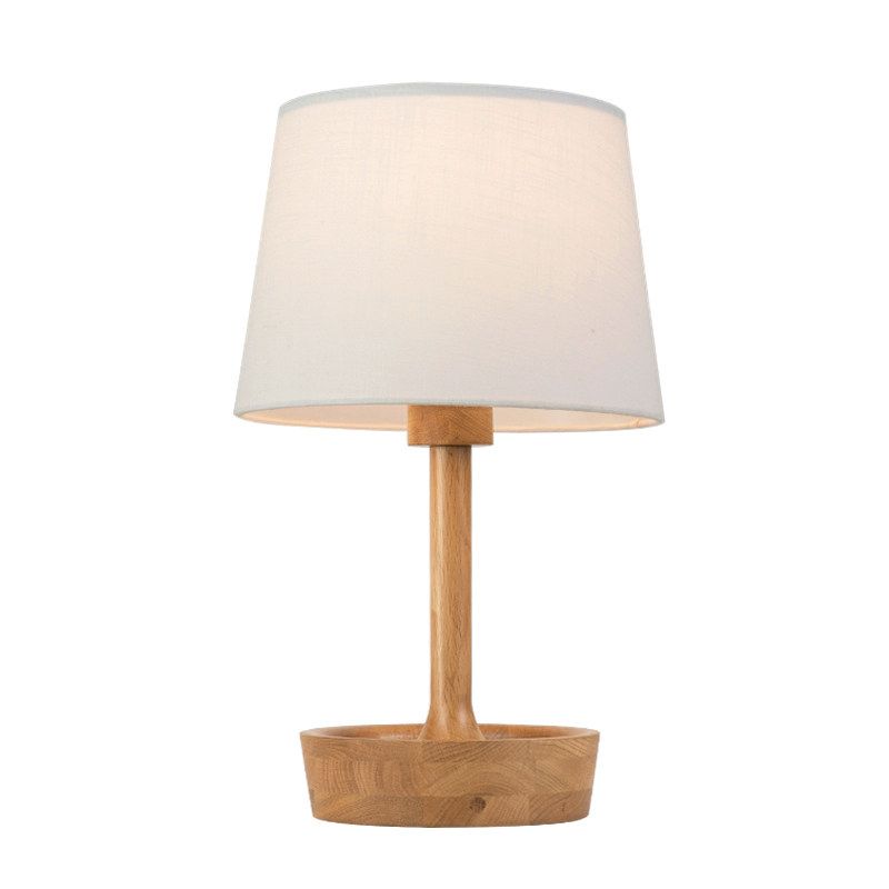 Cone Shade Fabric Task Lamp Modern 1 Bulb Flaxen/White Reading Light, Round Beige Wood Base