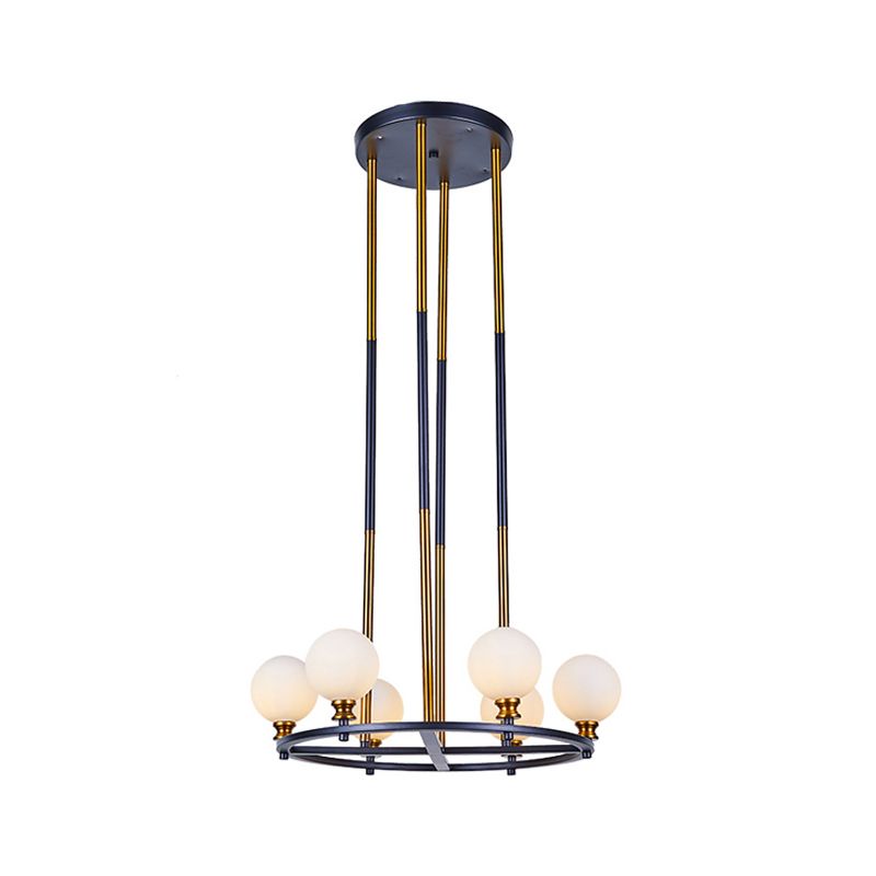 Black-Gold Globe Ceiling Chandelier Nordic Style 6/8 Lights Frosted Glass Drop Pendant with Ring Design