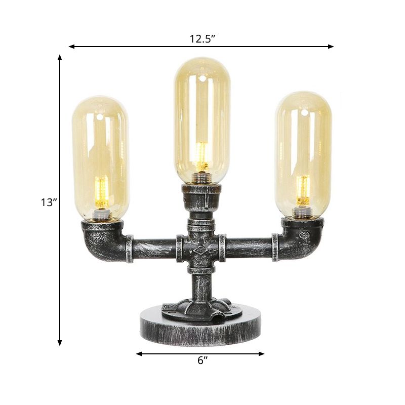 Capsule Clear/Amber Glass Night Light Farmhouse 2/3 Heads Tearoom LED Table Lamp with Pipe Base