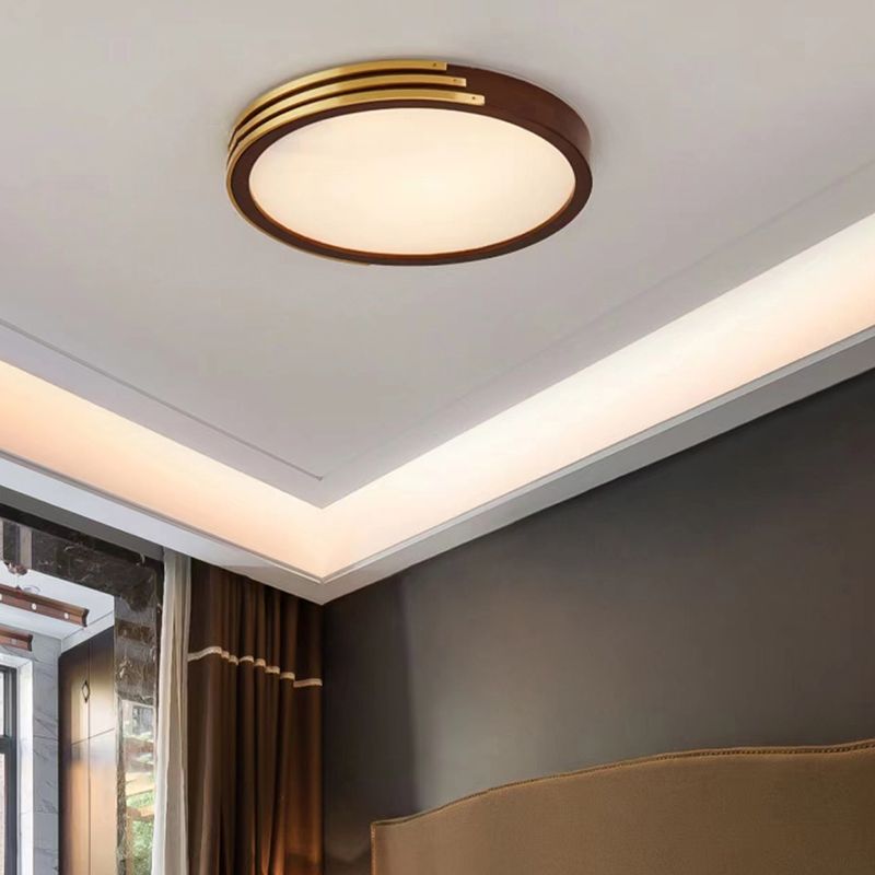 1-Light Round Flush Mount Modern Wood Flush Light in Brown for Bedroom