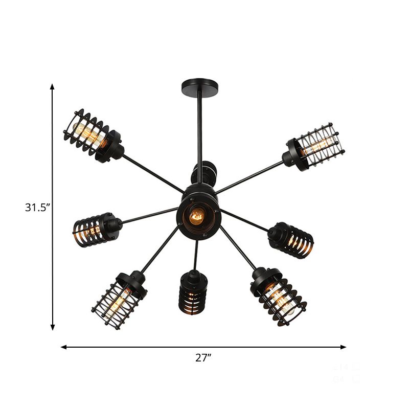 Starburst Bedroom Chandelier Light Metal 9/12/15 Heads Vintage Hanging Lighting with Cylinder Frame Shade in Black