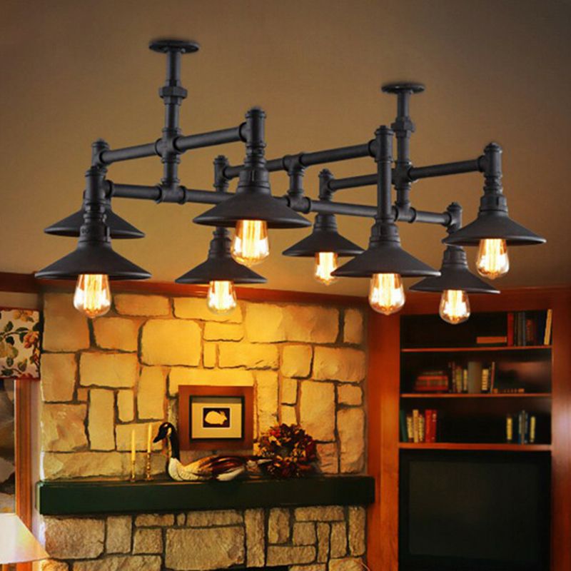 Black Piping Pendant Lighting Industrial Iron Black Finish Chandelier with Conical Lampshade