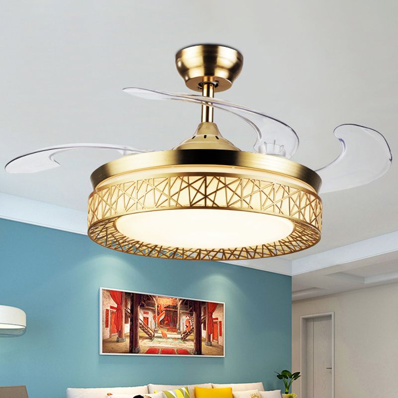 Gold Nest Shaped 4 Blades Semi-Flush Mount Simple LED Metallic Ceiling Fan Light, 19" Wide