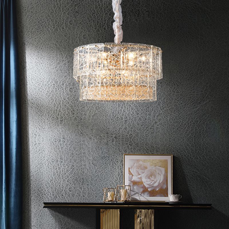 2-Tier Chandelier Pendant Light Modern Clear Glass Hanging Light with Octagonal Crystal Beads